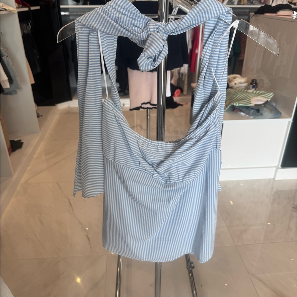 Blue Striped Sleeveless Top with Scarf